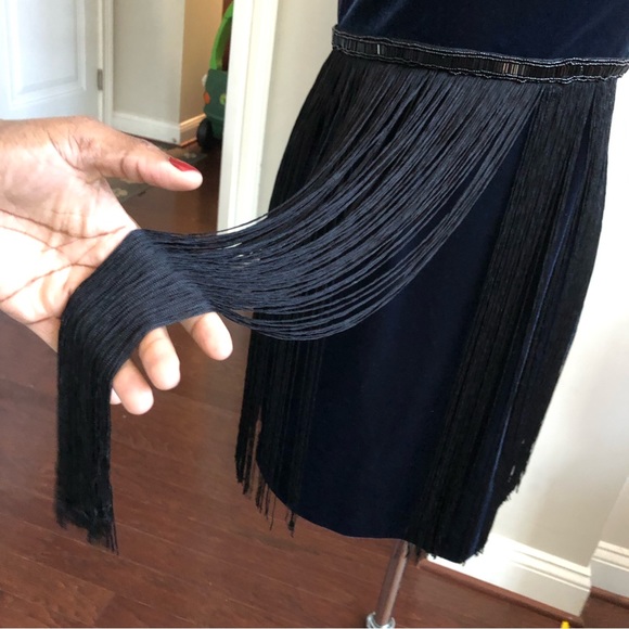 Midnight Blue Beaded Long Fringe Strapless Dress NWOT